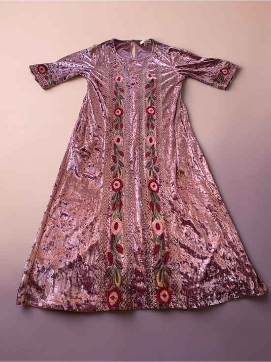orange creek Dresses & Skirts - Orange Creek Floral Embroidered Crushed Velvet Dress S Mauve Midi Boho Flapper